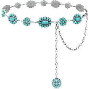 Turquoise Belt Silver Western Chain Belt, Cowgirl Concho Style with Turquoises Embellishment for Women (Blue)