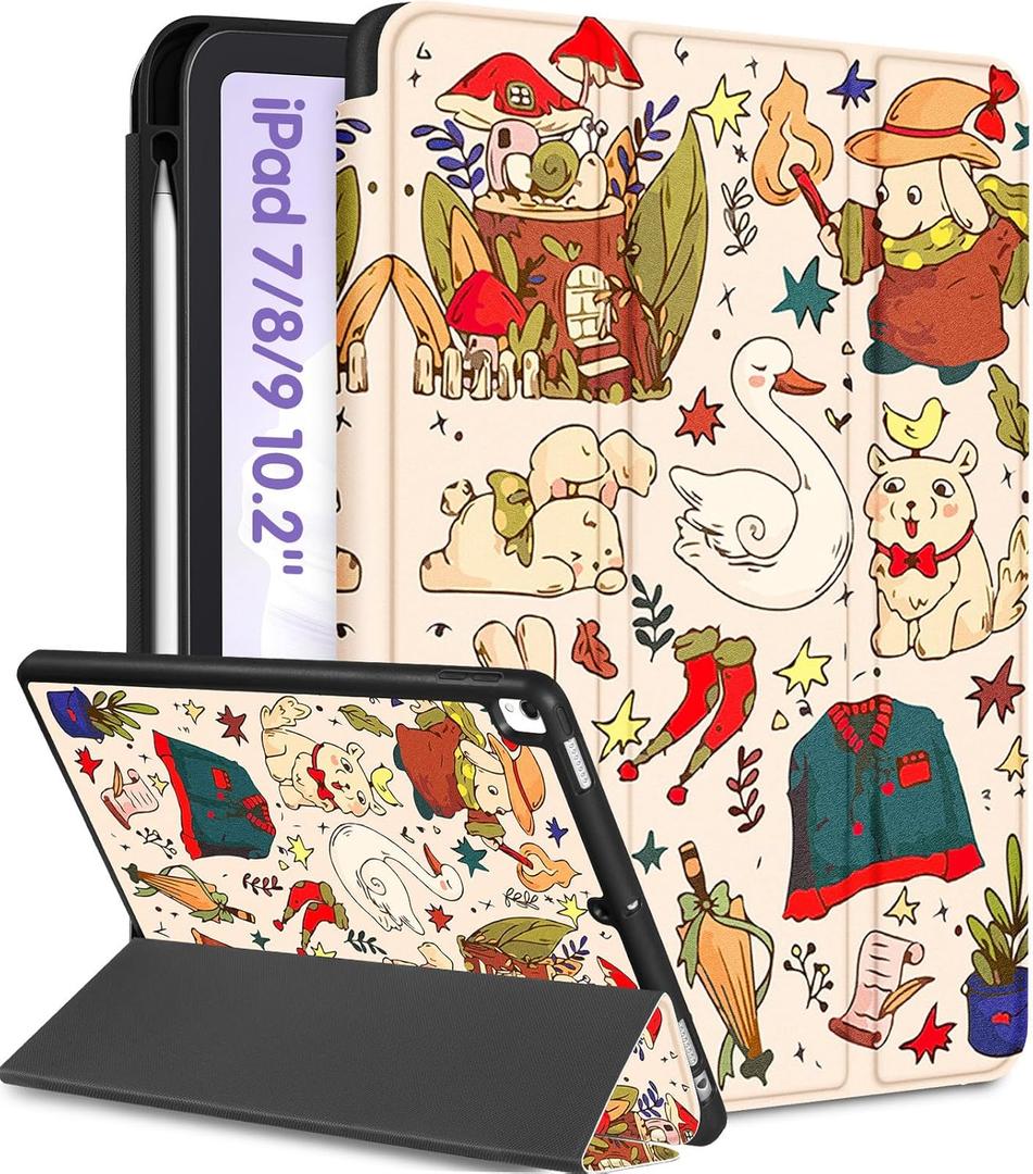 Uppuppy for iPad 9th/8th/7th Generation Case 10.2 Inch Girls Cute Kids Women Folio Smart Cover Pencil Holder Cartoon Aesthetic Design Girly Kawaii Teens Cases for iPad 7/8/9 Gen A2602 A2270 A2197
