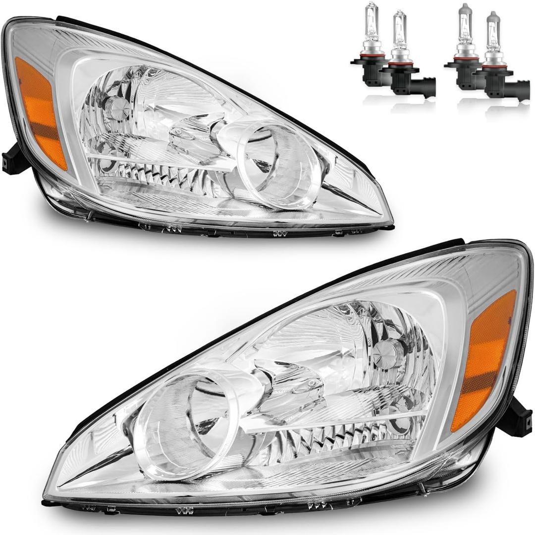Headlights Assembly for 2004 2005 Toyota Sienna CE, LE, XLE, XLE Limited (Halogen Model Only) Headlamp Replacement Chrome Housing Amber Reflector Driver & Passenger Side (Chrome | With High & Low Beam Bulbs)