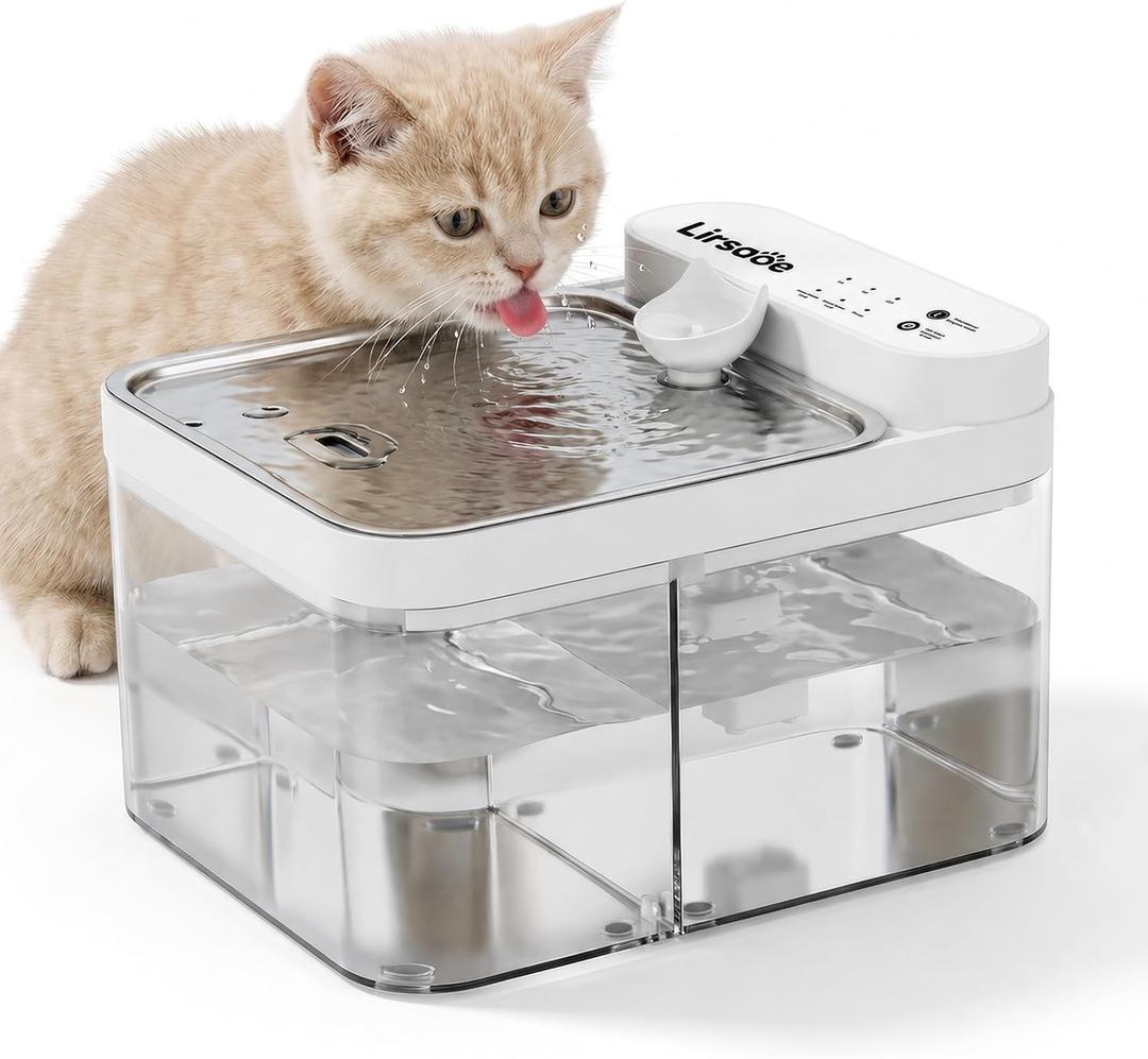 Cat Water Fountain, Filterless Cordless Cat Water Bowl, Wastewater Separation, Stainless Steel Tray, Not Continuous-Flow Auto-Refill Pet Water Dispenser with Scheduled Water Refresh, White
