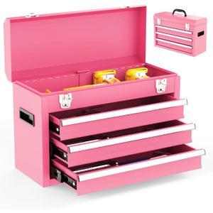3 Drawer Metal Tool Box, Portable Metal Tool Box with EVC Liners and Latches Closure, Heavy Duty Steel Tool Chest with Ball Bearing Opening and Powder Coated Finish, Pink