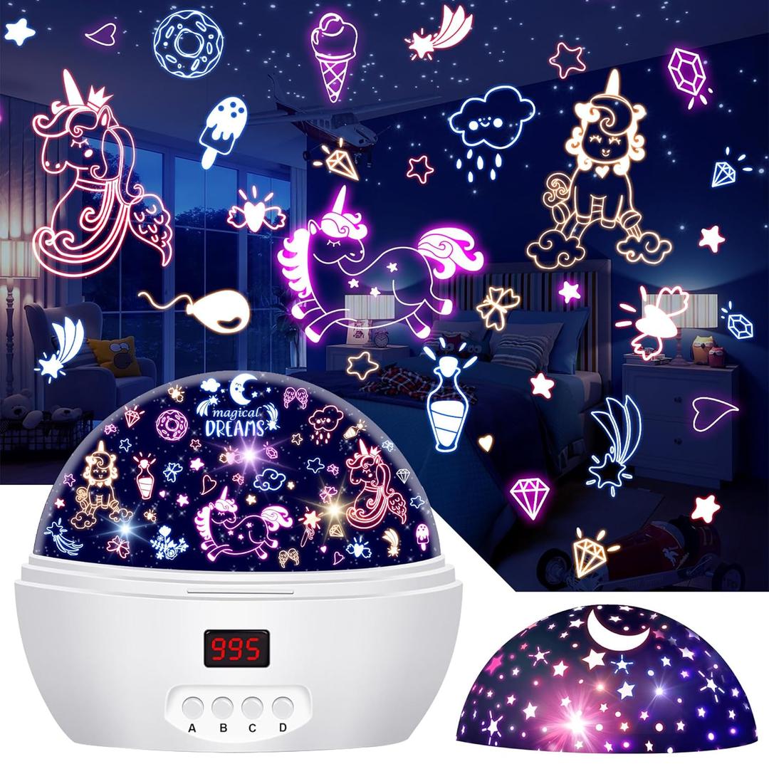 MOKOQI Kid Unicorn Night Light for Girls, Star Projector Night Lights Rotating Light Projector with Timer Color Changing Birthday Christmas Gifts for 3-5-10 Year Old Girl
