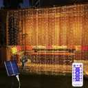 300LED Solar Curtain Lights USB & Solar Dual Powered 8 Modes Fairy Curtain String Lights Waterproof Twinkle Lights for Home Indoor Outdoor Use Garden Patio Gazebo (Warm White)
