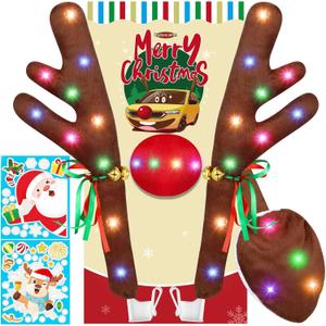 Reindeer Antlers Car with Lights, Car Reindeer Antlers for Car Window Roof-Top & Front Grille with Jingle Bells, Car Antlers and Nose Compatible with Car, SUV, Jeep, Truck