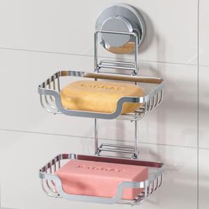 LEVERLOC Double Layer Soap Dish, Bar Soap Holder for Shower Wall, Vaccum Suction Cup Sponge Holder for Bathroom Tub Kitchen Sink, Stainless Steel, Waterproof, Removable, Silver (2 Tire)