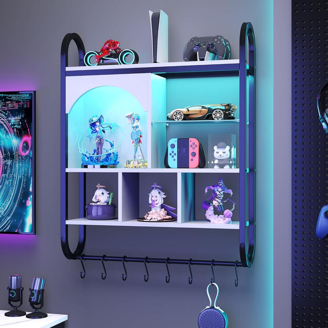 29'' Floating Shelves with LED Lights, 4 Tiers Decor Display Shelf with Tempered Glass Shelf, Arched Wall Mounted Display Shelves with 8 S-Hook for Collectibles Action Figure, White