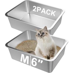 Lawei 2PCS Stainless Steel Cat Litter Box, Medium Metal Litter Pan for Kitty/Kitten/Cat/Rabbits, Non Stick Litter Boxes, Rust Proof Indoor Litter Tray, 17.5 x 13.5 x 6 Inch, Easy to Clean, Non Smell