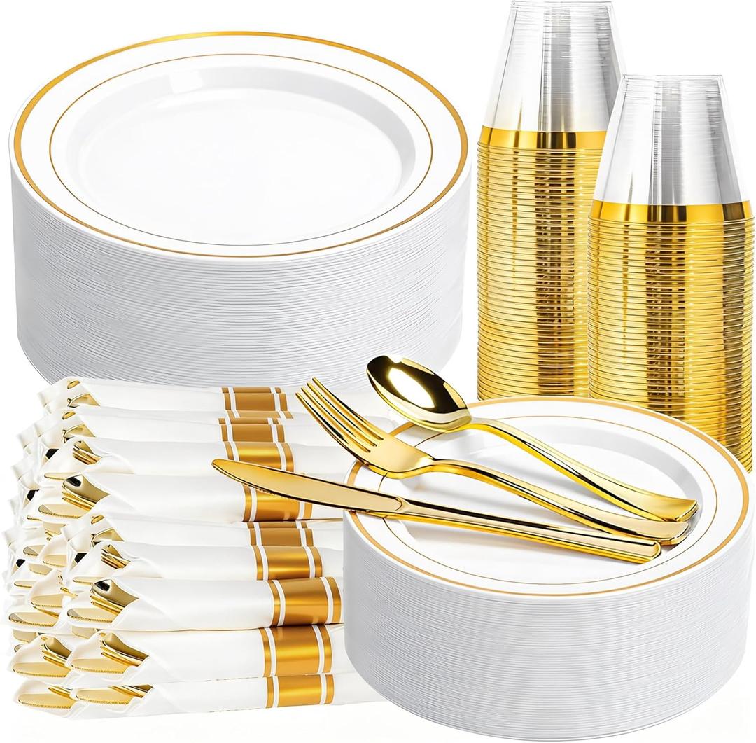 350PCS Gold Plastic Plates Dinnerware Set, Thanksgiving Disposable Plates, 50 Dinner and 50 Dessert Plates, 50 Pre Rolled Napkins with Silverware and 50 Cups for Party and Wedding