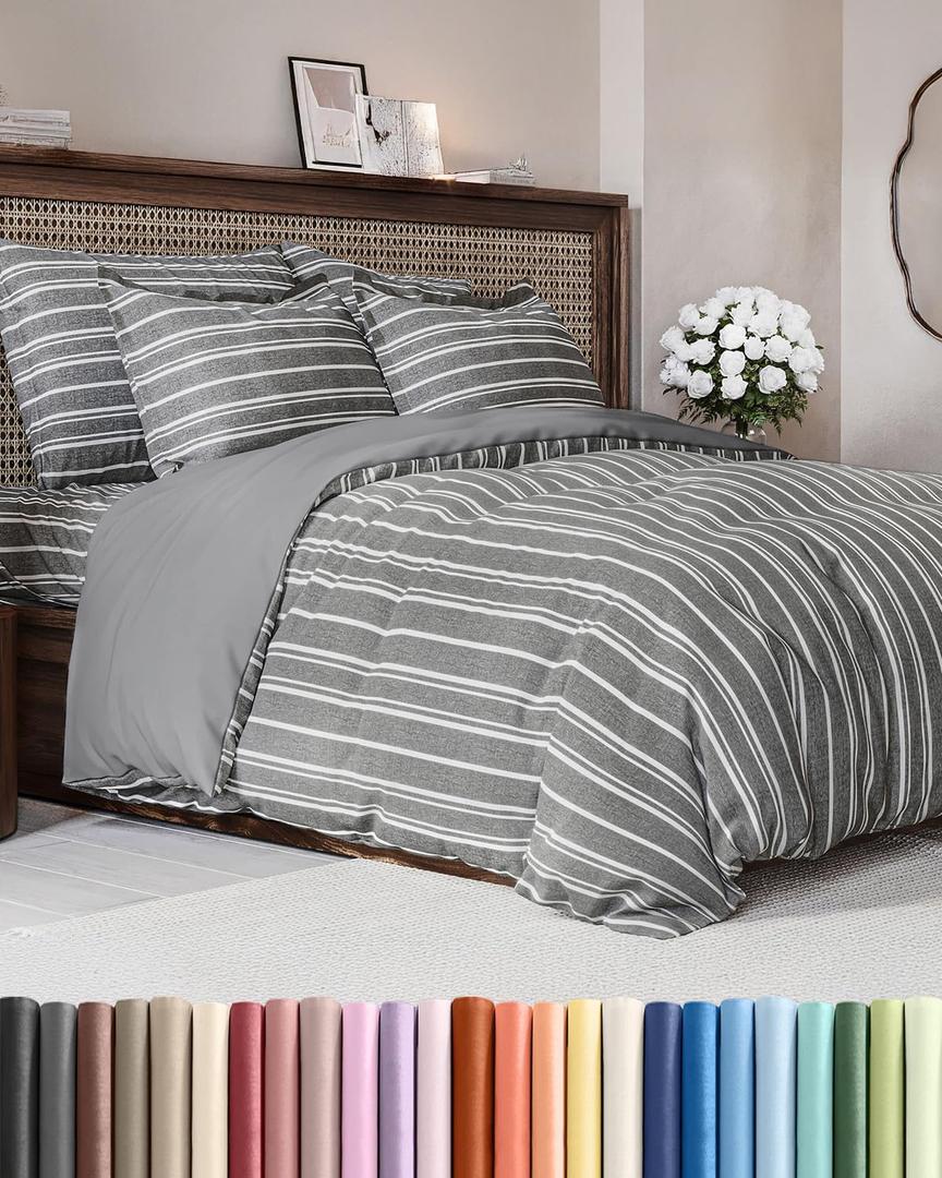 Duvet Cover Queen Size - Extra Soft Queen Size Duvet Cover - Lightweight, Breathable, Easy Care & Fade Free w/ Zipper Closures & Ties - 90" x 90" Inches - (Grey Stripes 3) Comforter Not Included