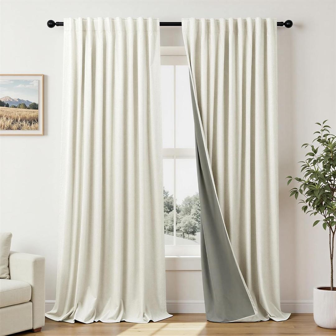 Extra Wide 70 Inch Blackout Curtains 96 Inches Long for Living Room Rustic Boho Room Darkening Textured Linen Drapes for Dining Room Office Insulated Ceiling to Floor Window 2 Panels 70x96 Cream Ivory (Natural)