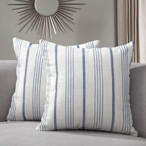 Sunlit Decorative Farmhouse Throw Pillow Case, Set of 2 Cream/Off-White with Blue Stripes Modern Accent Square 18" x 18", Textured Linen Throw Pillow Cover for Sofa Couch Chair Bedroom