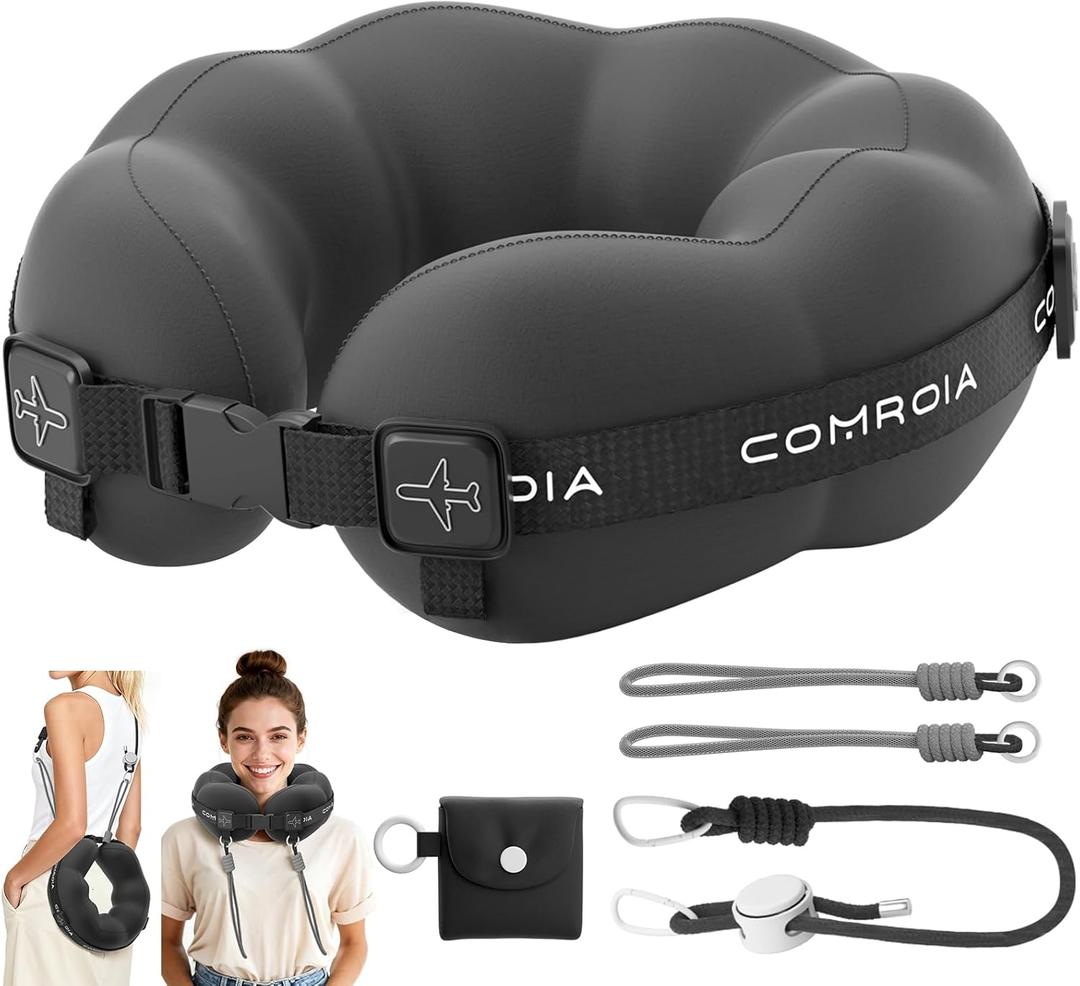 Travel Neck Pillow for Airplane Sleeping  360 Head Support Prevents Bobbing, 100% Memory Foam Ergonomic Neck Cushion with No-Case-Needed Carry Strap for Long Flights & Car  Washable Cover (Black)