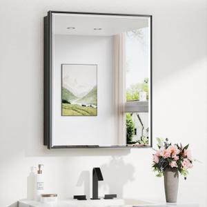 TokeShimi 24x30 Recessed Medicine Cabinet with Mirror Wall Mounted, Metal Beveled Mirror with Storage for Bathroom Vanity, Aluminum Alloy Medicine Cabinet Mirrored Black