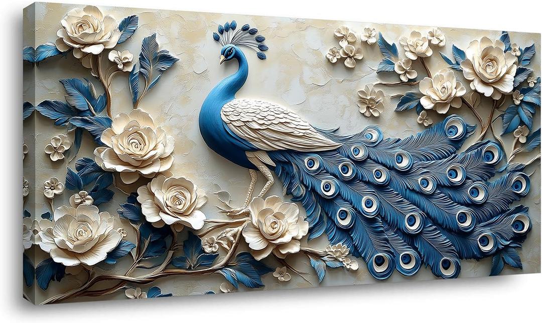 Navy Blue Peacock Wall Art for Living Room Office Elegant Animal Peacock and Roses Painting Prints Vintage Canvas Artwork Girls Bedroom Dcor Ready to Hang (16x32 Inches) (30L" x 16W")