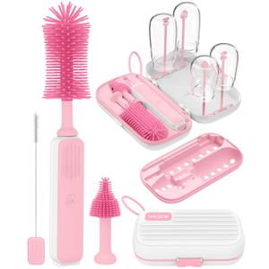 Electric Baby Bottle Brush Cleaner, Baby Travel Bottle Cleaner Kit- 2000mAh Rechargeable Silicone Brush, Drying Rack, Compact Storage Box, 360 Efficient Cleaning Bottle Brush for Home & On-The-Go (Pink)