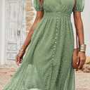 PRETTYGARDEN Women's Floral Wrap V-Neck Midi Dress Short Sleeve Boho Summer Beach Long Dress High Low Hem Smocked Dress Women (Green, M)