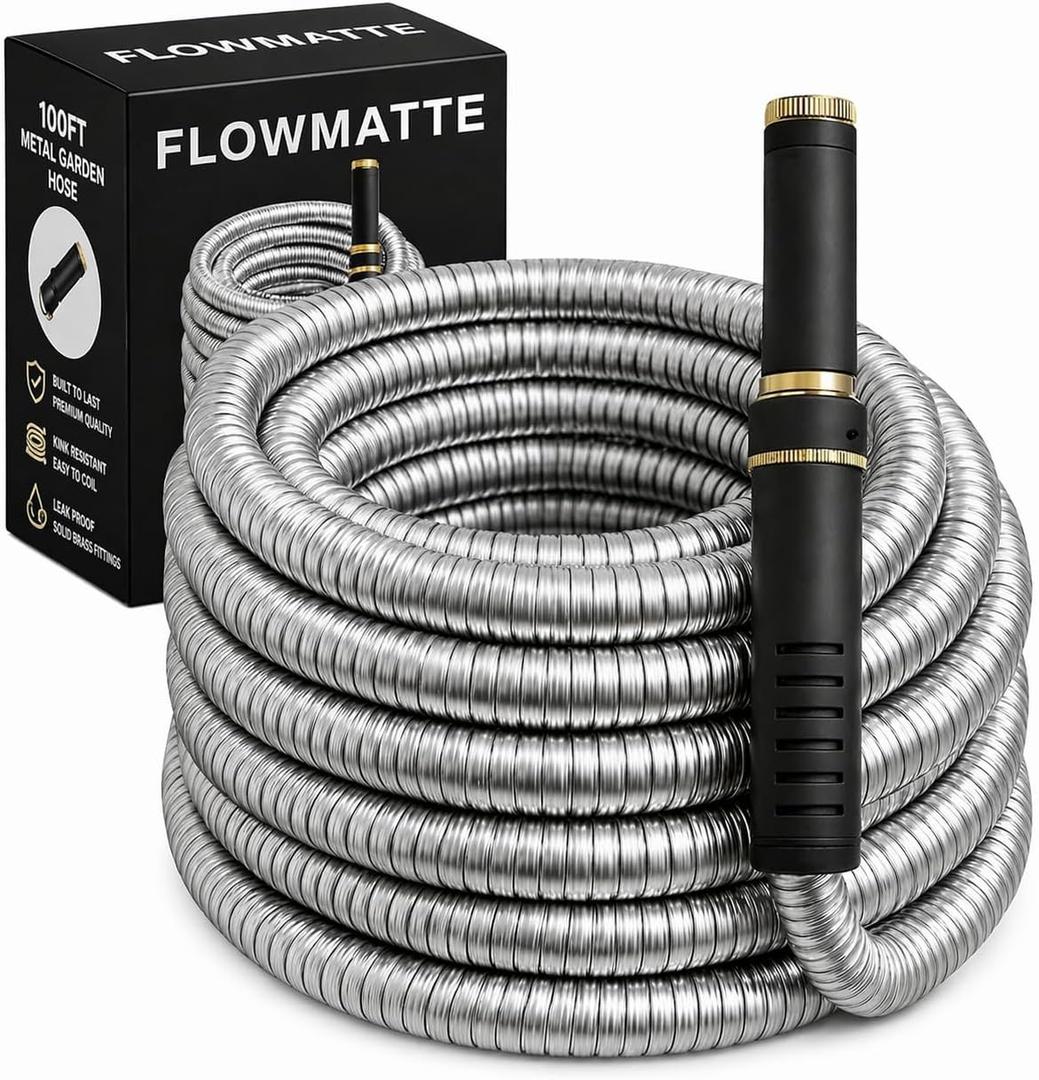 100 FT Metal Garden Hose, Stainless Steel Water Hose, Kink-Free Lightweight Heavy Duty Garden Hose with Brass Fittings & Nozzle, Flexible Non-Expandable Hose