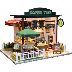 Flever Dollhouse Miniature DIY House Kit Creative Room with Furniture for Romantic Valentine's Gift (Time Cafe)