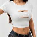 SOLY HUX Women's Cut Out Crop T Shirt Crew Neck Short Sleeve Fitted Going Out Tops (White, S)