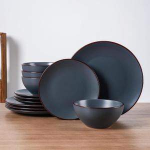 Famiware Venus Plates and Bowls Sets, 12 Pieces Stoneware Speckled Dishes Dinnerware Set for 4, Matte Charcoal - Microwave & Dishwasher Safe, Modern Minimalist, for Everyday Meals & Formal Dining