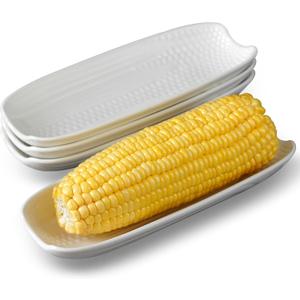 Cinf Ceramic Corn Cob Holders 8.8" Corn Dishes Set of 4, White Dishes Non-slip Bottom Microwave Dishwasher Oven Safe