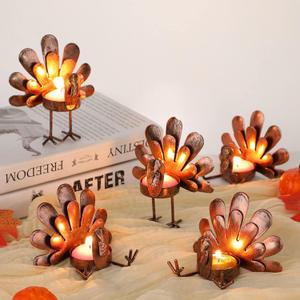 10 Pieces Metal Turkey Candle Holders Turkey Tea Light Candle Holders Thanksgiving Tealight Sitting Standing Thanksgiving Tabletop Candleholders for Home Table