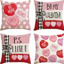 AVOIN colorlife Be My Valentine Red Candy Heart Throw Pillow Covers, 20 x 20 Inch Valentine Stripes Wedding Cushion Case Decoration for Sofa Couch, Set of 4