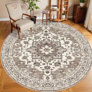 Washable Oriental Area Rug - 9ft Round Rugs for Living Room Soft Carpet for Bedroom Waterproof Floral Distressed Indoor Stain Resistant Non-Shedding Floor Carpets (Beige, 9ft-Round)