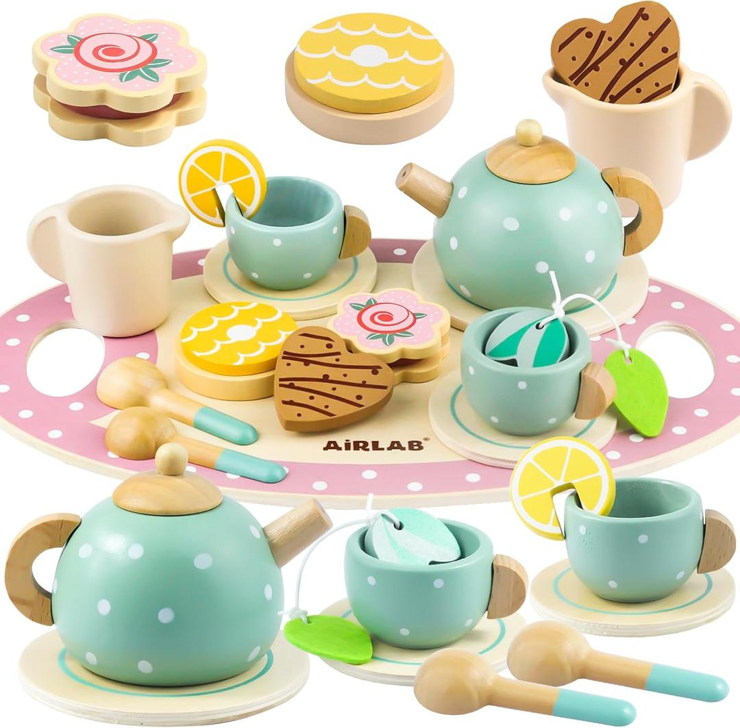 Wooden Tea Set for Little Girls Play Food Pretend Play Kitchen Accessories for 3 4 5 Years Old Girls and Boys Toddler Princess Tea Time Party Food Toys