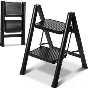 2 Step Ladder Lightweight Portable Folding Step Stool with Anti-Slip Wide Pedal 330lbs Capacity Carbon Steel Ladder for Household,Office,Library (Black)