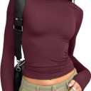 Trendy Queen Womens Long Sleeve T Shirts Fall Fashion 2025 Basic Crop Tops Going Out Outfits Y2k Clothes (Large, Wine Red)