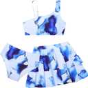 RAISEVERN Girls Bathing Suit 11-12 Years 3 Piece Swimsuit Adjustable Spaghetti Strap Marble Bikini Sets with Ruffle Cover Ups Beach Skirt Size 12 Cute Quick Dry Tankini Summer Swimwear