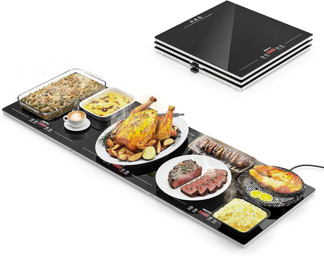 FEPPO Warming Trays for Buffets Party, Extra-Long 47"x15" 3-in-1 Modular Food Warmer with Independent Temp & Timer Control, Glass Food Warming Mat, Ideal for Catering & Gatherings