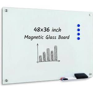 Magnetic Glass White Board 48 x 36, Tempered Frameless Dry Erase Board for Wall, Whiteboard for Office, Home & School