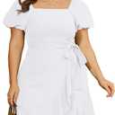 Sampeel Womens Summer Dresses Square Neck Puff Sleeve Tie Waist Short Dress (White) M