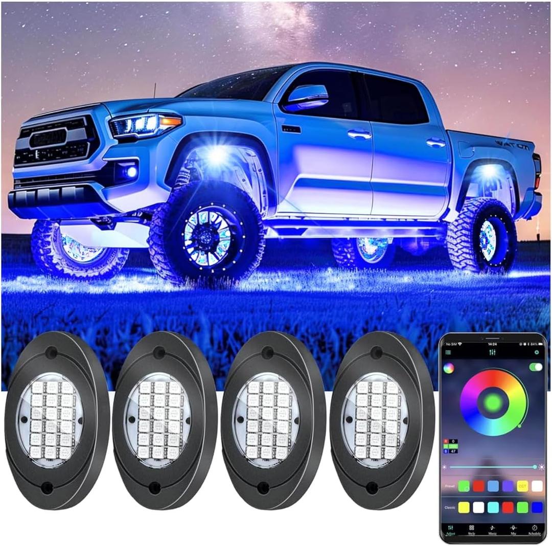 4 Pods RGB LED Rock Lights, Underglow Multicolor Neon Light Kit, Wheel Well Light with APP Control & Music Mode, Under Glow Lights for Trucks,Jeep,SUV,Golf Cart,ATV,Pickup Off Road,12V