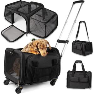 Pet Carrier with Wheels | Delta American Frontier Airline Approved | Two Expandable Sides, Storage Pockets Adjustable Leash | Rolling Dog and Cat Carrier TSA Compliant (Black 17x12.5x11)