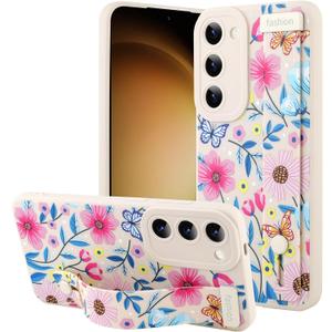OOK Floral for Samsung Galaxy S23 Plus Silicone Case with Strap for Women Gilrs, Cute White Flower Pattern, Slim Soft Wristband Kickstand Shockproof Protection Phone Cover