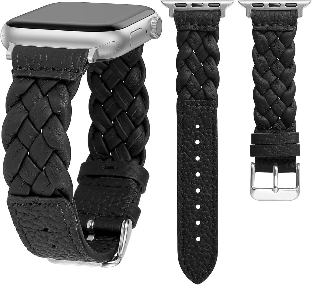 TOYOUTHS Braided Leather Strap Compatible with Apple Watch Band Women 38/40/41/42/44/45/46/49mm Soft Thin Leather Dressy Designer Woven Bracelet for iWatch Series 11 10 9 8 7 6 5 4 Ultra SE 3 2 1 (Black/Silver)