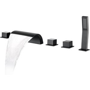 Roman Bathtub Faucet Set with Sprayer 5 Hole Waterfall Bathroom Tub Faucet Set Widespread Tub Filler Faucet Deck Mounted Bathtub Faucet Set with Valves, Matte Black