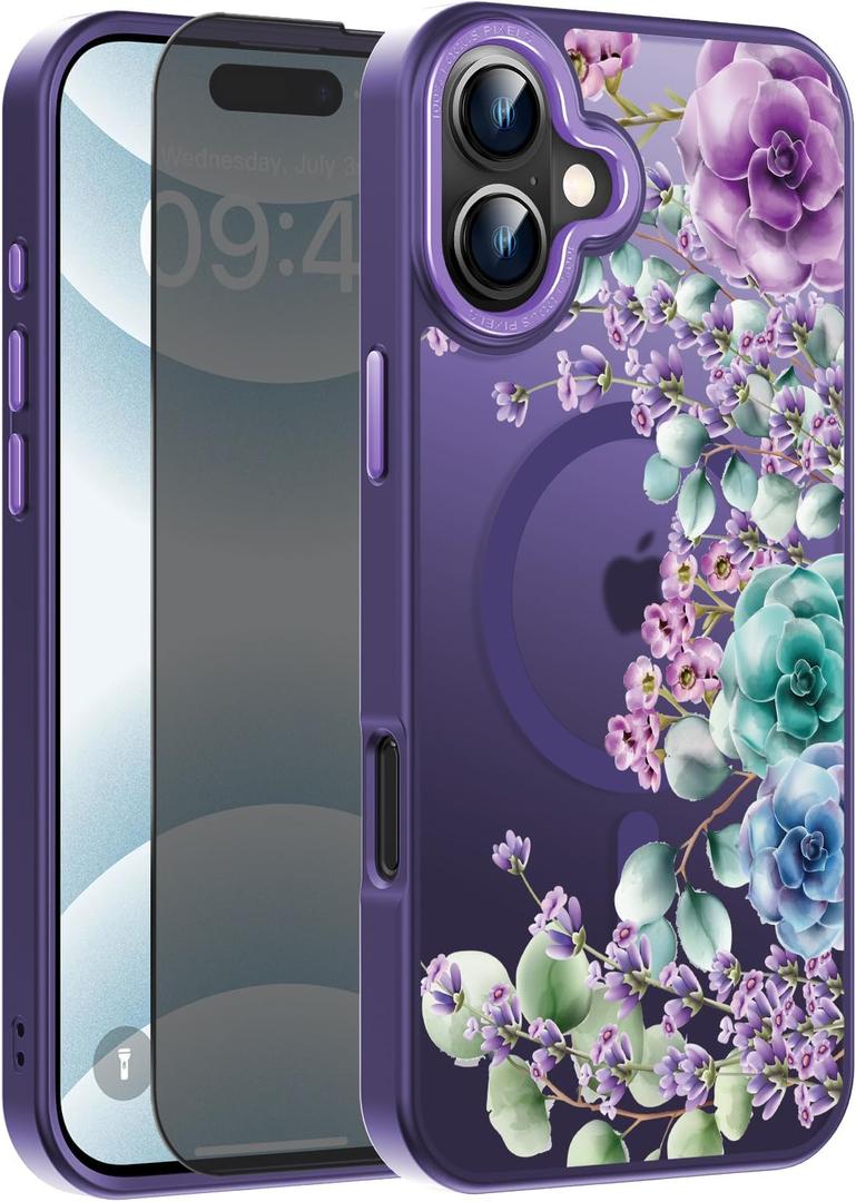 FUNMIKO for iPhone 16 Plus Case with Privacy Screen Protector, Wireless Charging Compatible, Shockproof Translucent Matte Cover - Cute Floral Design Phone Case for Women Girls - Colored Succulent