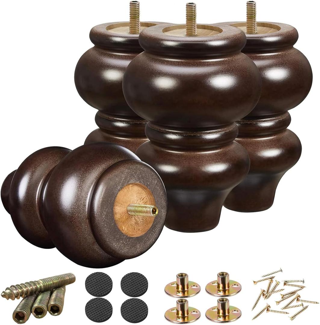 Wood Furniture Legs 5 inch Sofa Legs Pack of 4,Round Couch Legs Espresso Mid Century Desk Legs,Sofa Replacement Parts,for Dresser, Sideboard, Recliner, Coffee Table