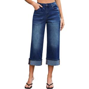 Vetinee Capris Jeans for Women Wide Leg High Waisted Trendy Fold Hem Summer Casual Stretchy Denim Jean Capri Pants (Blue, S)