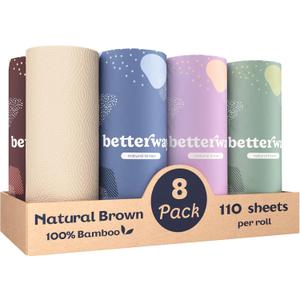 Betterway Bamboo Natural Brown Paper Towels - 8 Rolls, 2 Ply, 110 sheets - Plastic Free, PFAS Free, Disposable Kitchen Paper Towels - Select Size, Tree Free, Compostable, Strong & Absorbent