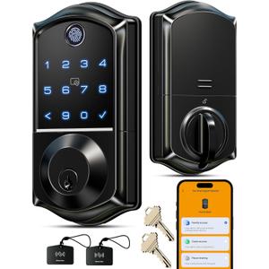 Veise VE017 Fingerprint Smart Door Lock, App Control, 8-in-1 Keyless Entry, Auto Lock, Emergency Power Port, Electronic Touchscreen Keypad, Biometric Smart Locks for Front Door, Matte Black