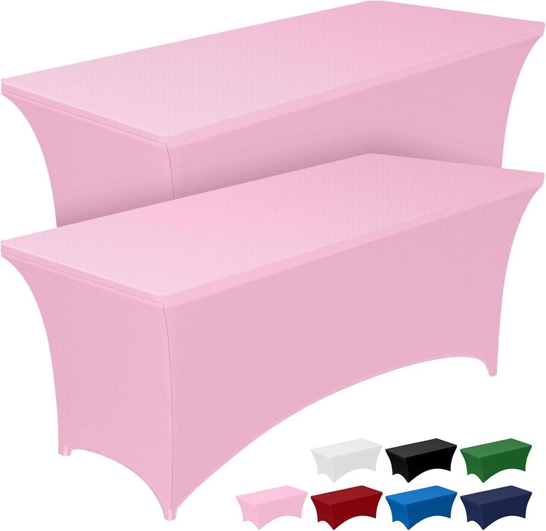 Pureegg Spandex Tablecloth 6ft - 2 Pack, Fitted and Tight Cloth for Rectangle Table, Wrinkle-Free and Stretch Table Cover for Party, Wedding, Banquet and Birthday, Pink