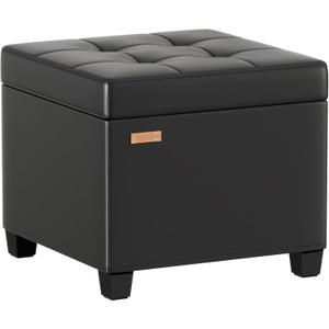 Adeco Storage Ottoman Foot Rest Stool, Leather Ottoman Footstool with Wood Legs and Hinged Lid, 18" Small Foot Stool Bench for Living Room, Bedroom, Black