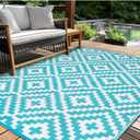 Outdoor Patio Plastic Straw Rug - 4x6 ft Outdoor Camping Rug Waterproof Reversible, Area Carpet Patios Clearance RV, Outside Porch Balcony Deck for Camper, Blue & White