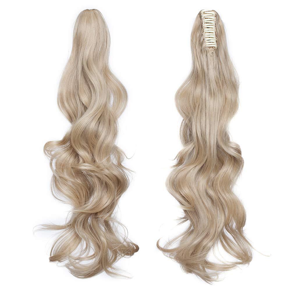 24inch Claw on Ponytail Hair Extensions Dark Blond&Bleach Blond Wavy Curly Hairpiece Pony Tail Wrap around Bonding