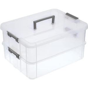 BTSKY 2 Layer Stack & Carry Box, Plastic Multipurpose Portable Storage Container Box Handled Organizer Storage Box for Organizing Stationery, Sewing, Art Craft, Jewelry and Beauty Supplies Dark Grey